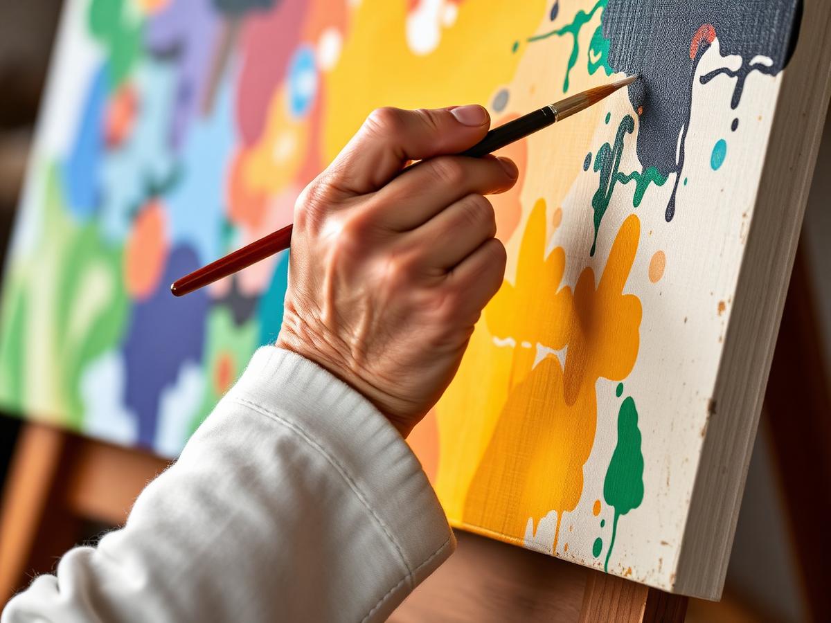 Handen van een oudere die met een penseel op canvas schildert