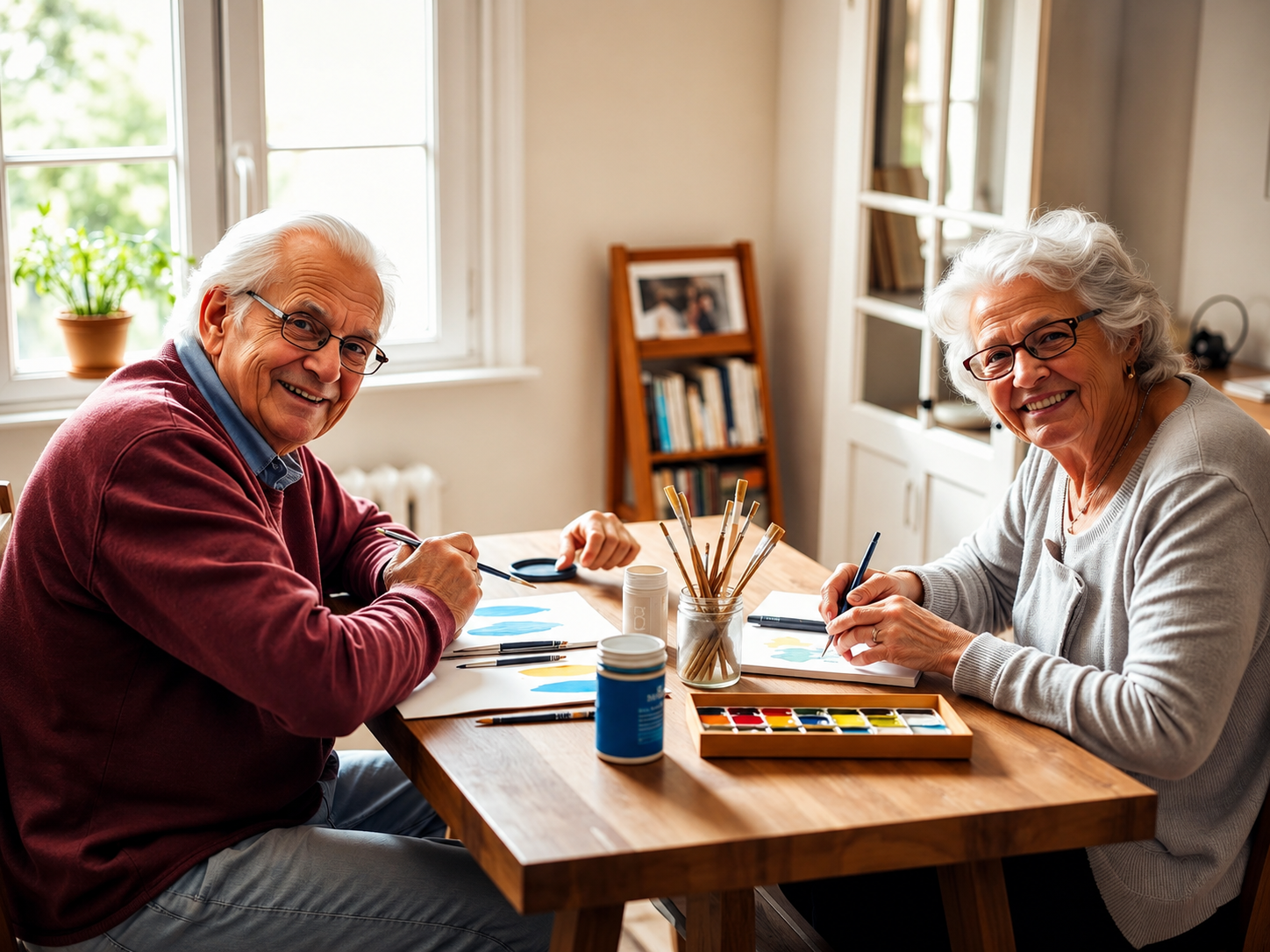 Ouderen die samen schilderen aan een tafel in een lichte ruimte